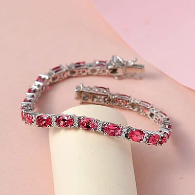 Lab Created Padparadscha Sapphire and Moissanite Tennis Bracelet in Platinum Over Sterling Silver (6.50 In) 13.00 ctw