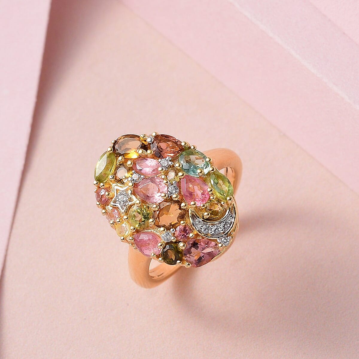 Multi-Tourmaline, Natural White Zircon Celestial Ring in Vermeil YG Over Sterling Silver (Size 10.0) 2.10 ctw image number 1