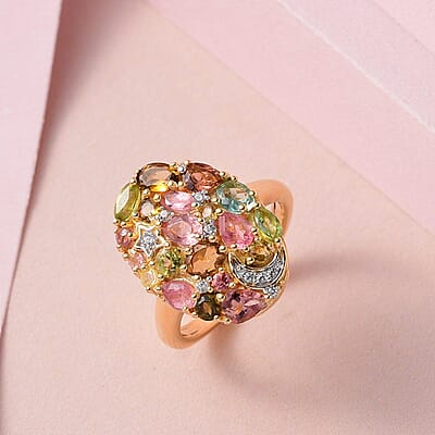 Multi-Tourmaline and White Zircon Celestial Ring in Vermeil Yellow Gold Over Sterling Silver (Size 10.0) 2.10 ctw