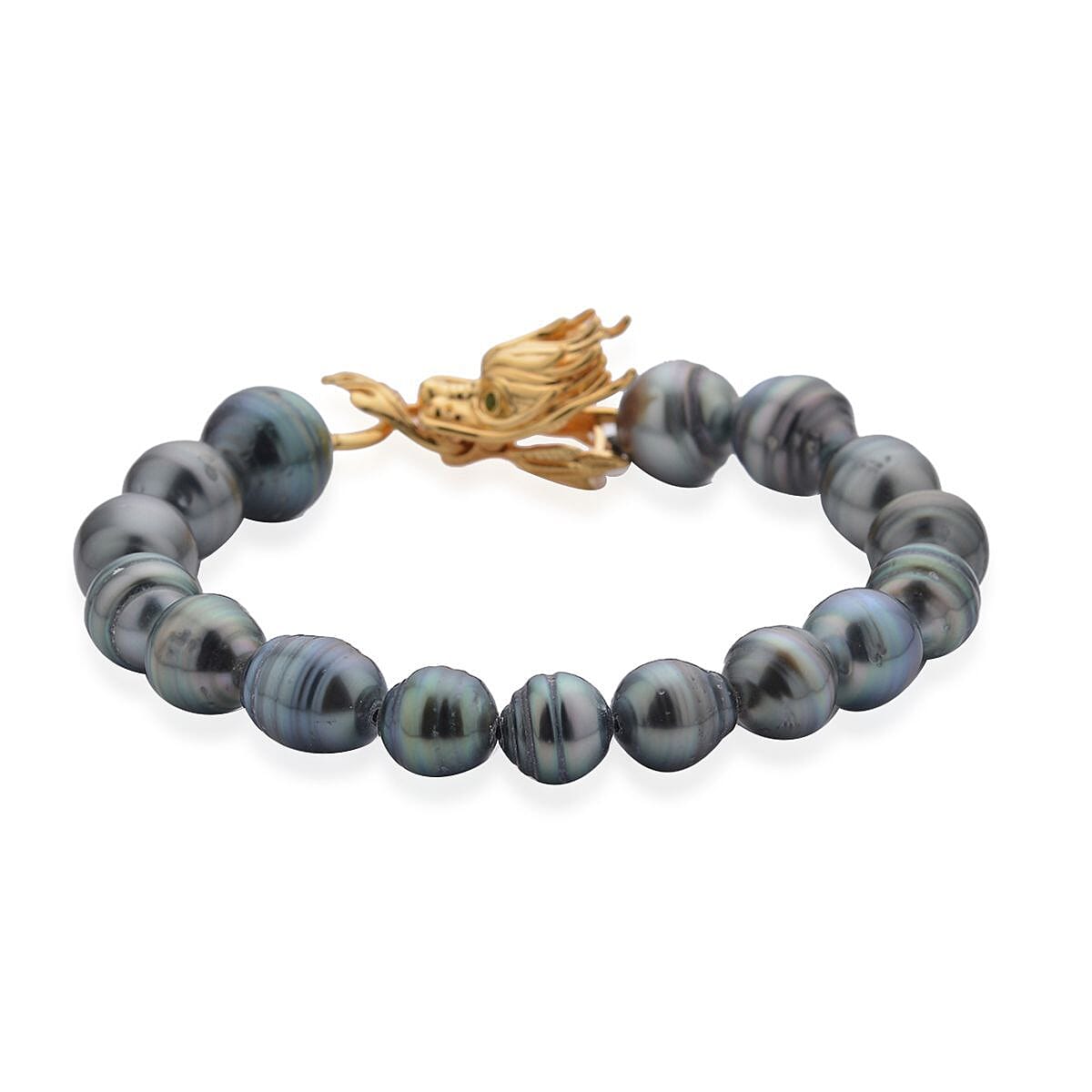 Tahitian Cultured Pearl and Natural Chrome Diopside Dragon Bracelet in Vermeil Yellow Gold Over Sterling Silver (8.00 In) image number 2