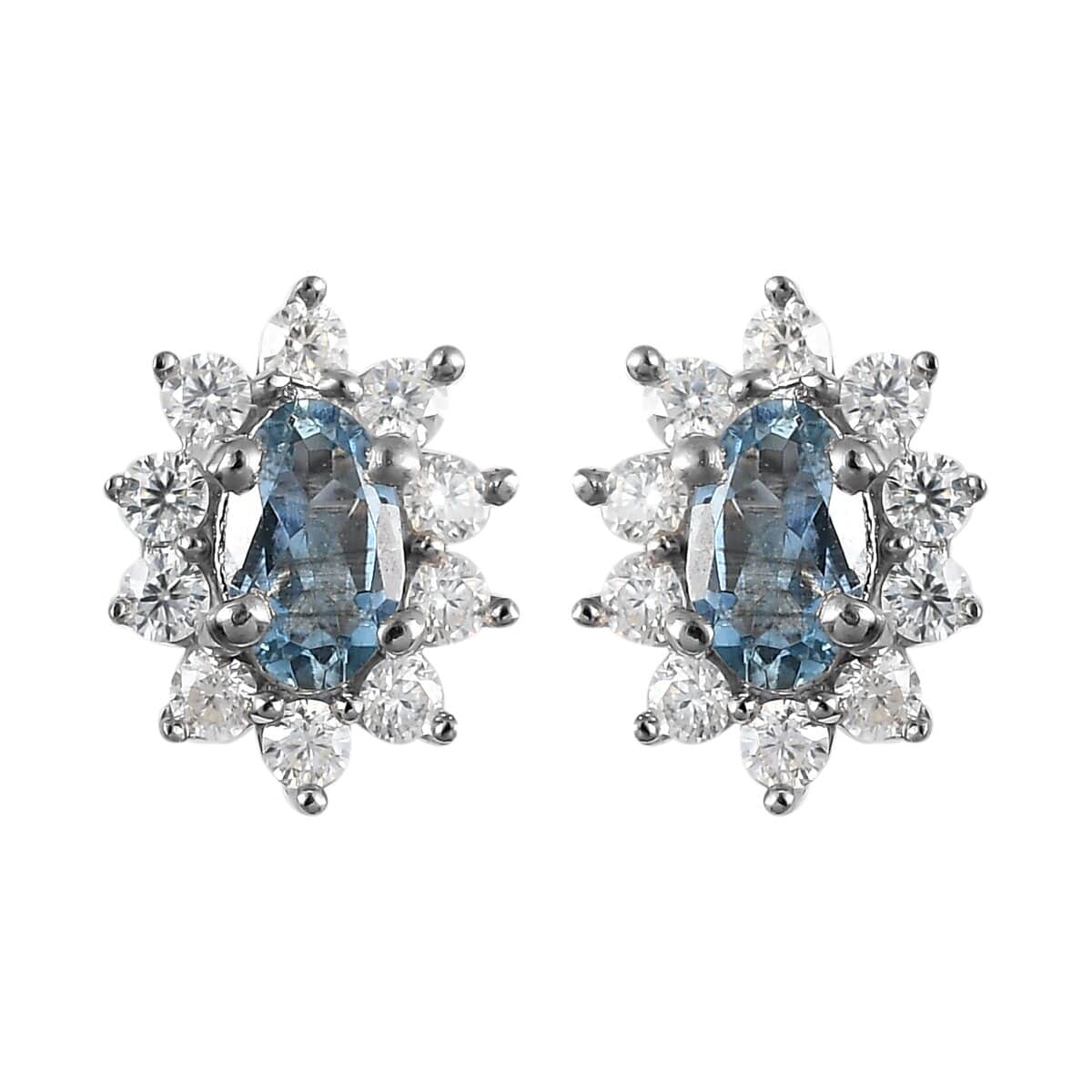 Santa Maria Aquamarine and Moissanite Sunburst Stud Earrings in Platinum Over Sterling Silver 0.70 ctw image number 0