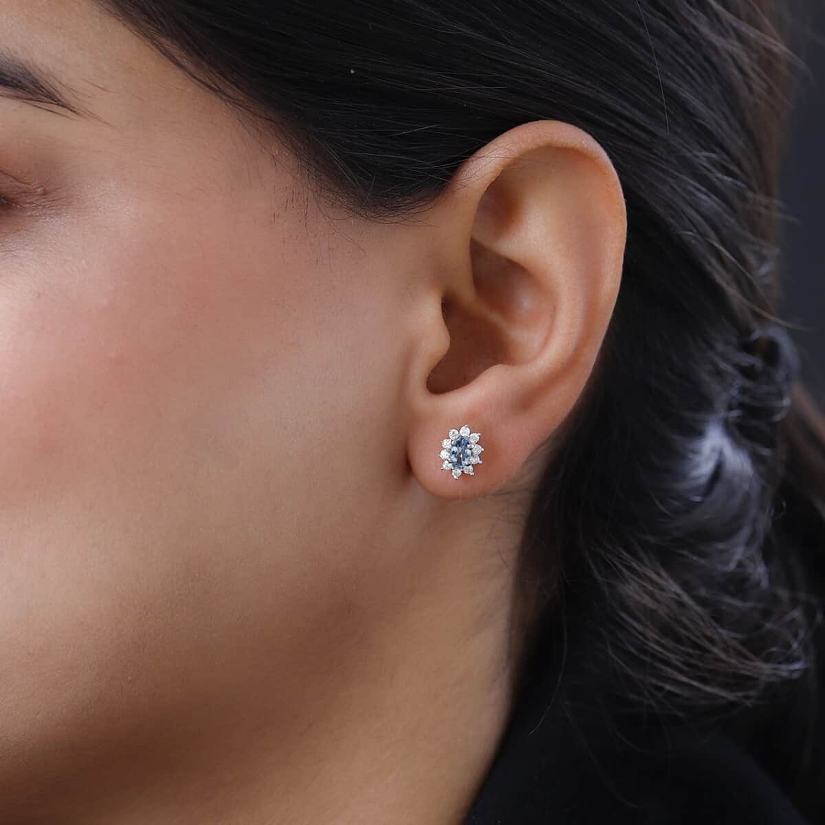 Santa Maria Aquamarine, Moissanite Sunburst Stud Earrings in Platinum Over Sterling Silver 0.70 ctw image number 2