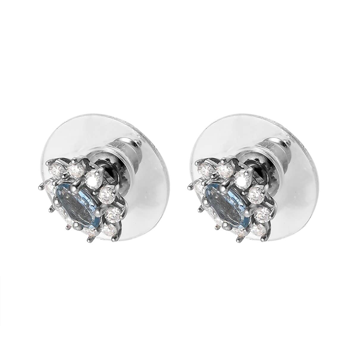 Santa Maria Aquamarine and Moissanite Sunburst Stud Earrings in Platinum Over Sterling Silver 0.70 ctw image number 3