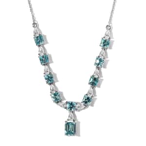 Asscher Cut Premium Cambodian Blue Zircon and Moissanite Necklace 18 Inches in Platinum Over Sterling Silver 13.75 ctw