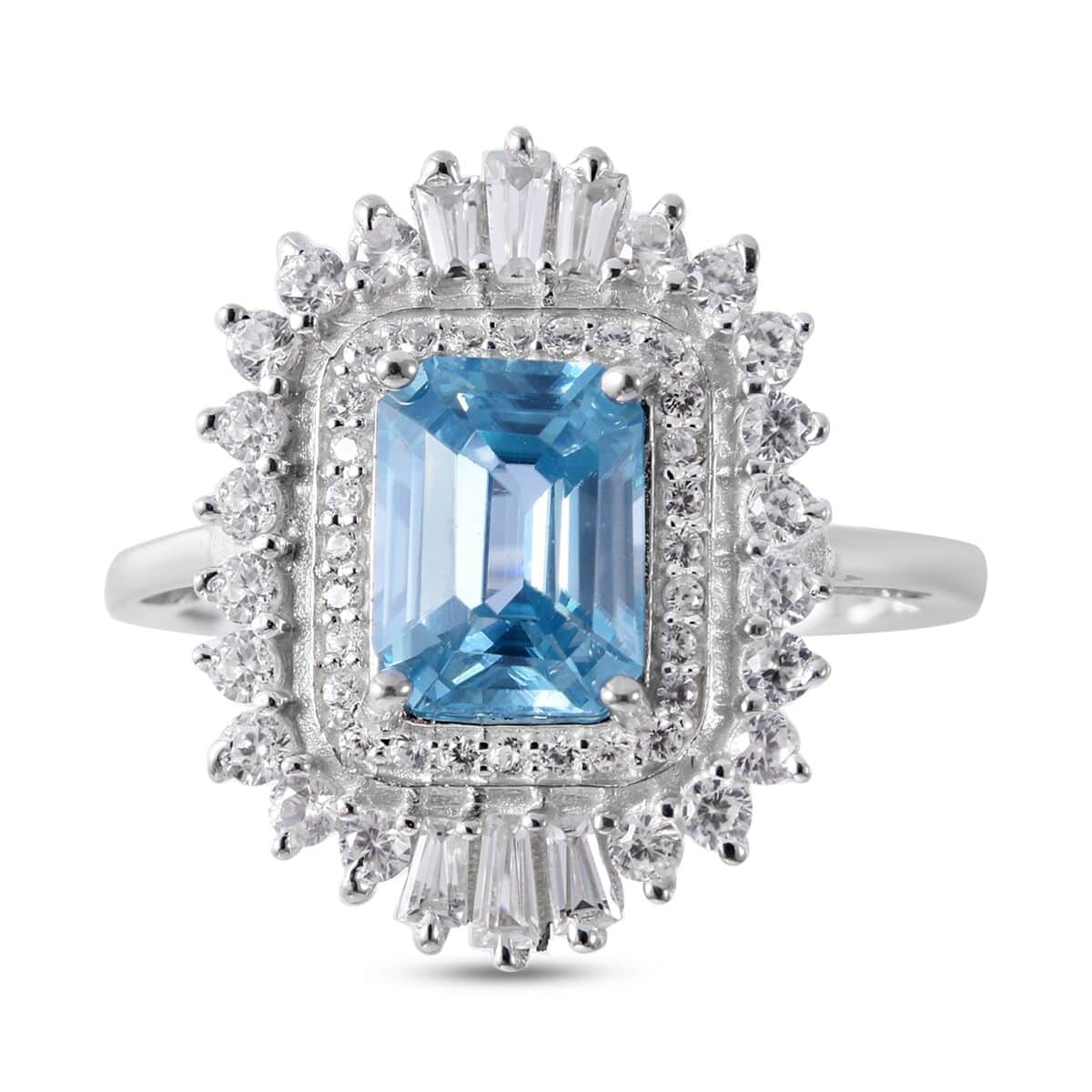Premium Cambodian Blue Zircon and Natural White Zircon Ballerina Halo Ring in Platinum Over Sterling Silver (Size 6.0) 3.40 ctw image number 0