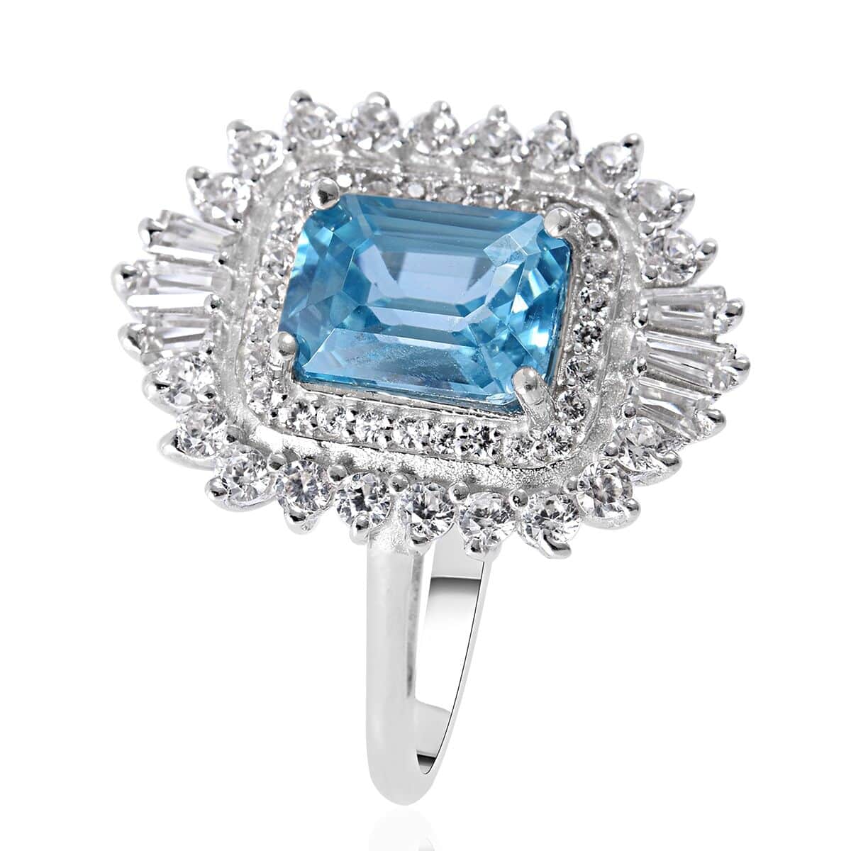 Premium Cambodian Blue Zircon and Natural White Zircon Ballerina Halo Ring in Platinum Over Sterling Silver (Size 6.0) 3.40 ctw image number 2