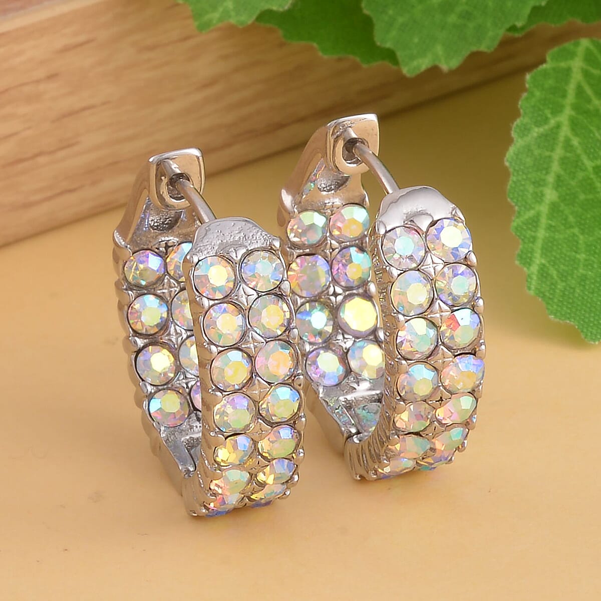 White Mystic Color Austrian Crystal Inside-out Hoop Earrings in Stainless Steel image number 1