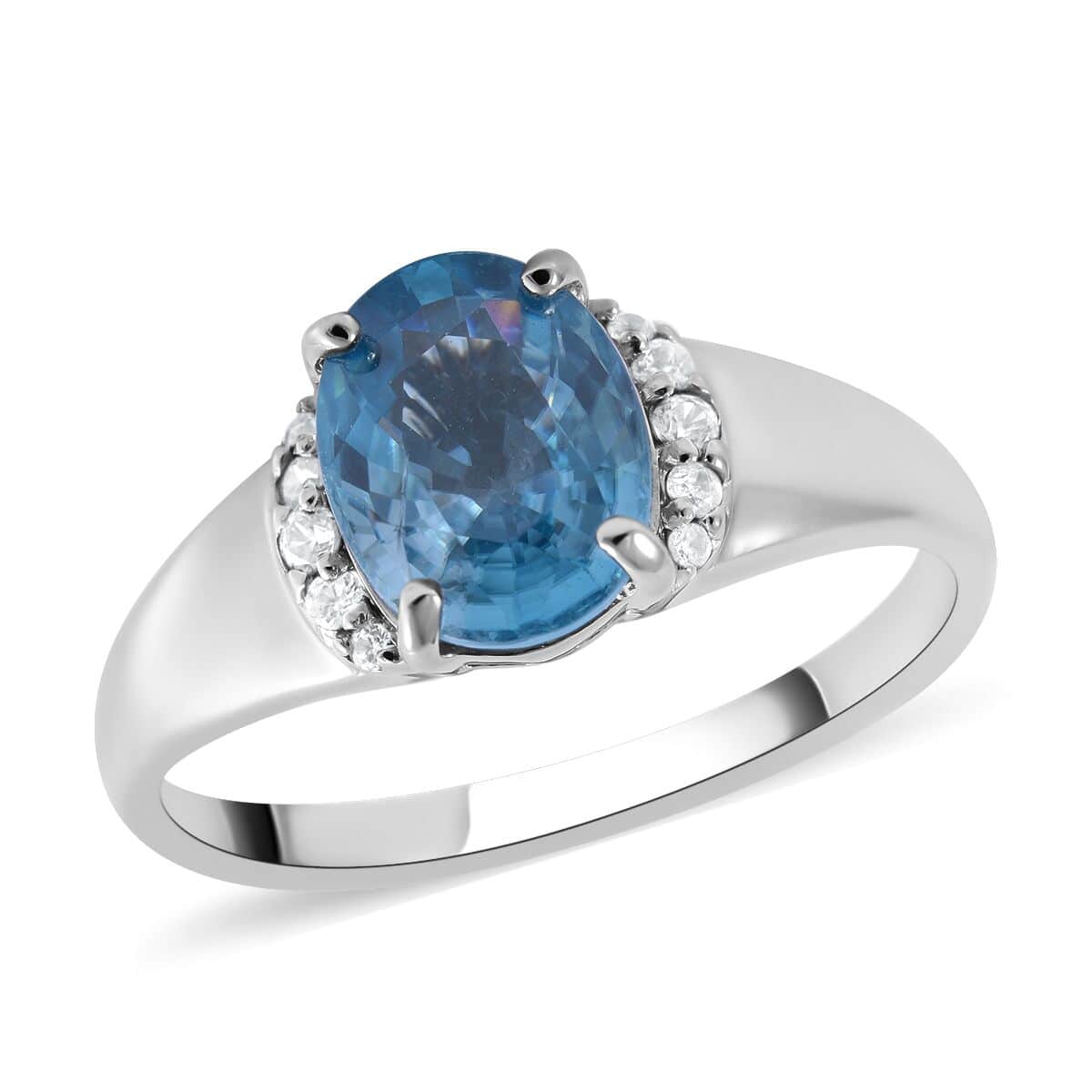 Cambodian Blue Zircon and Natural White Zircon Ring in Platinum Over Sterling Silver (Size 10.0) 3.10 ctw image number 0