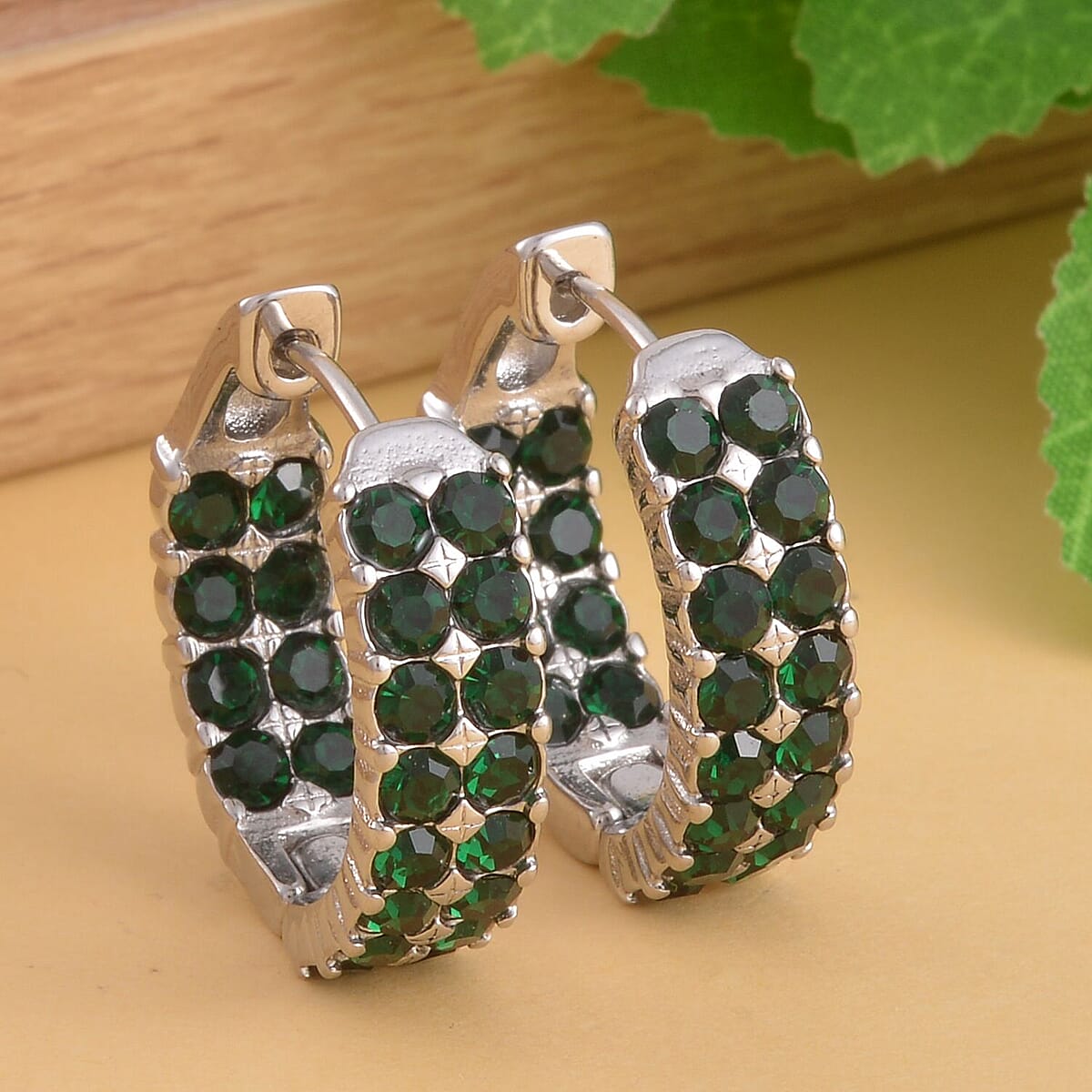 Neon Green Austrian Crystal Inside-out Hoop Earrings in Stainless Steel , Tarnish-Free, Waterproof, Sweat Proof Jewelry image number 1