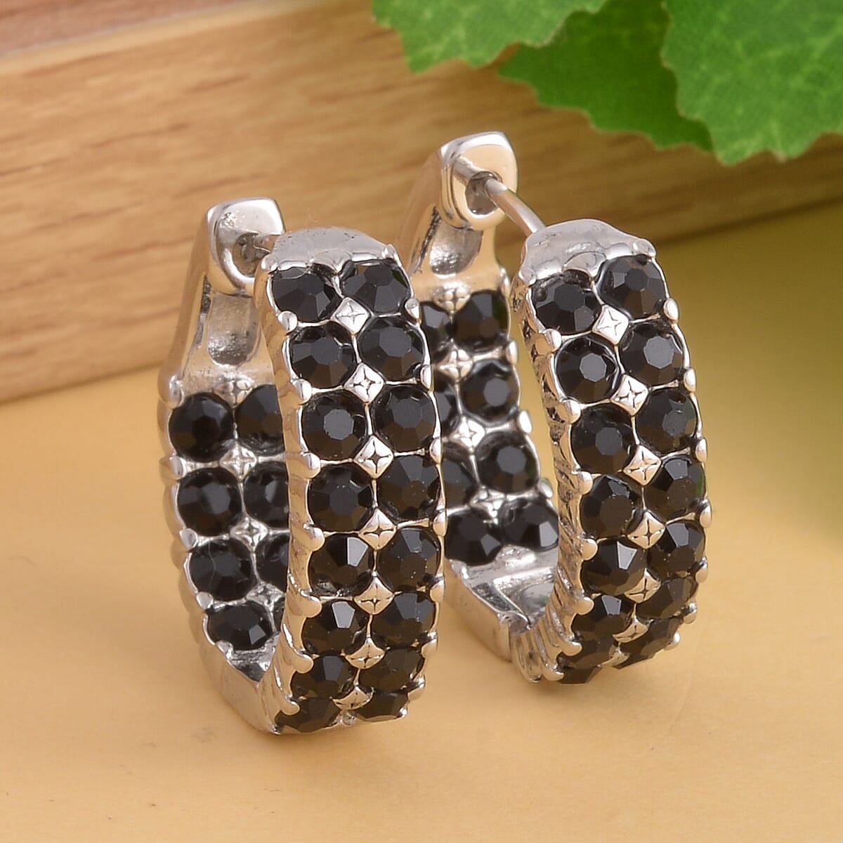 Black Austrian Crystal Inside-out Hoop Earrings in Stainless Steel , Tarnish-Free, Waterproof, Sweat Proof Jewelry image number 1