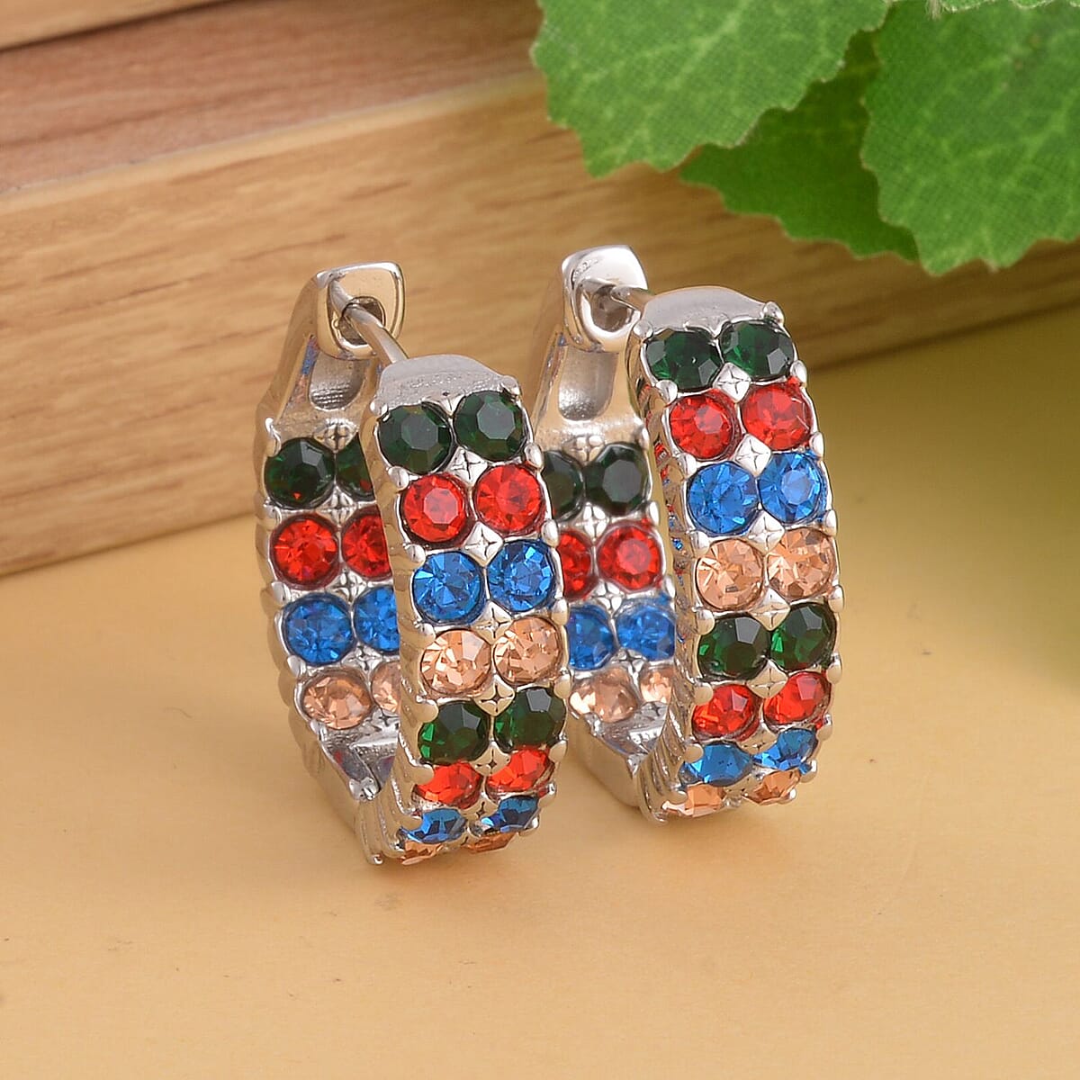 Multi Color Austrian Crystal Inside-out Hoop Earrings in Stainless Steel , Tarnish-Free, Waterproof, Sweat Proof Jewelry image number 1