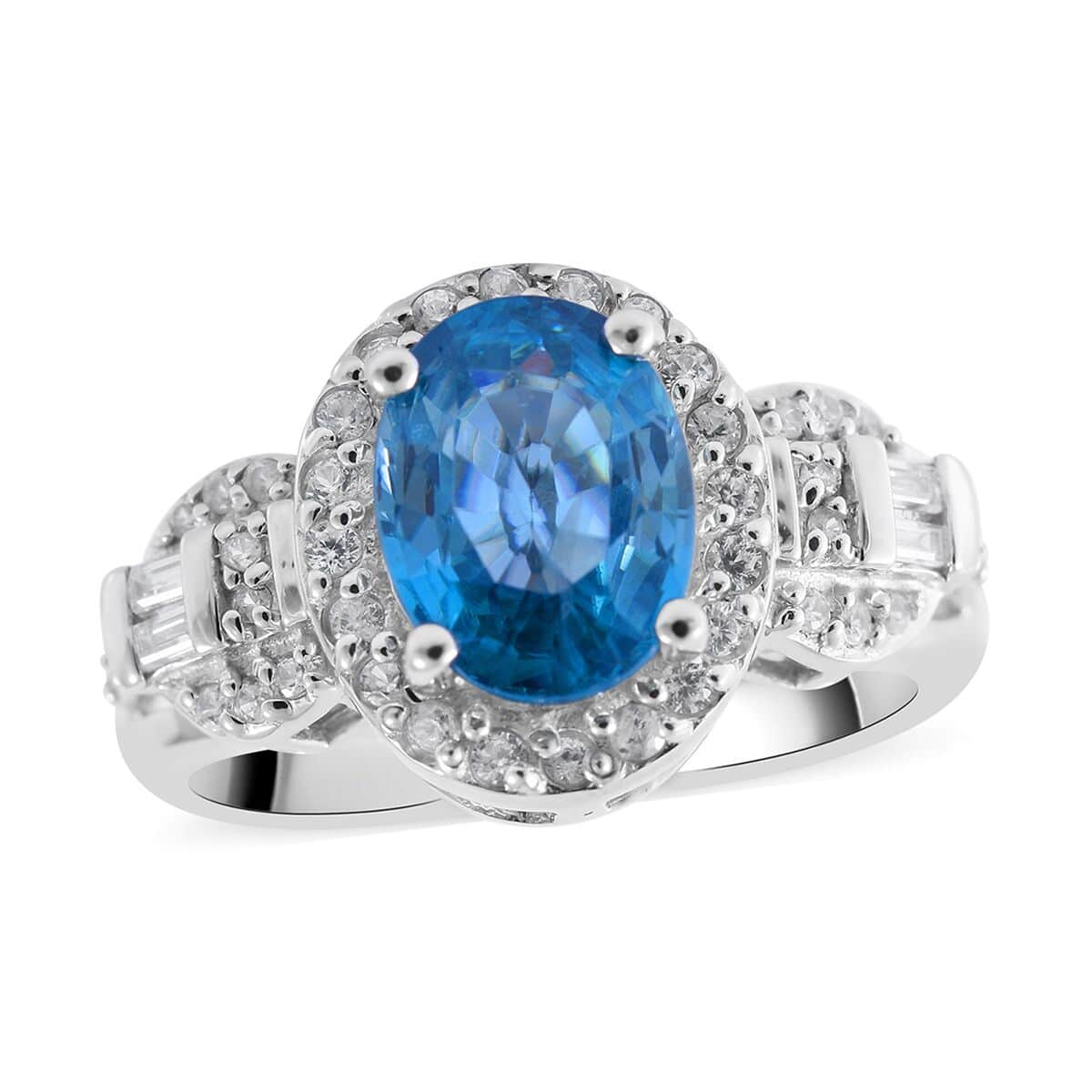 Premium Cambodian Blue Zircon and Natural White Zircon Halo Ring in Platinum Over Sterling Silver (Size 10.0) 3.50 ctw image number 0