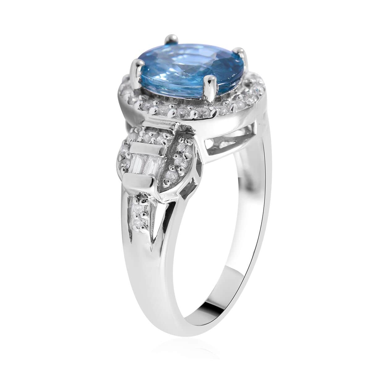 Premium Cambodian Blue Zircon and Natural White Zircon Halo Ring in Platinum Over Sterling Silver (Size 10.0) 3.50 ctw image number 2