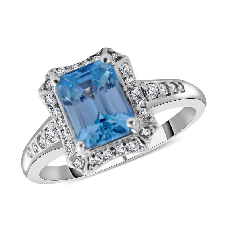 Premium Cambodian Blue Zircon and Natural White Zircon Halo Ring in Platinum Over Sterling Silver (Size 6.0) 2.40 ctw