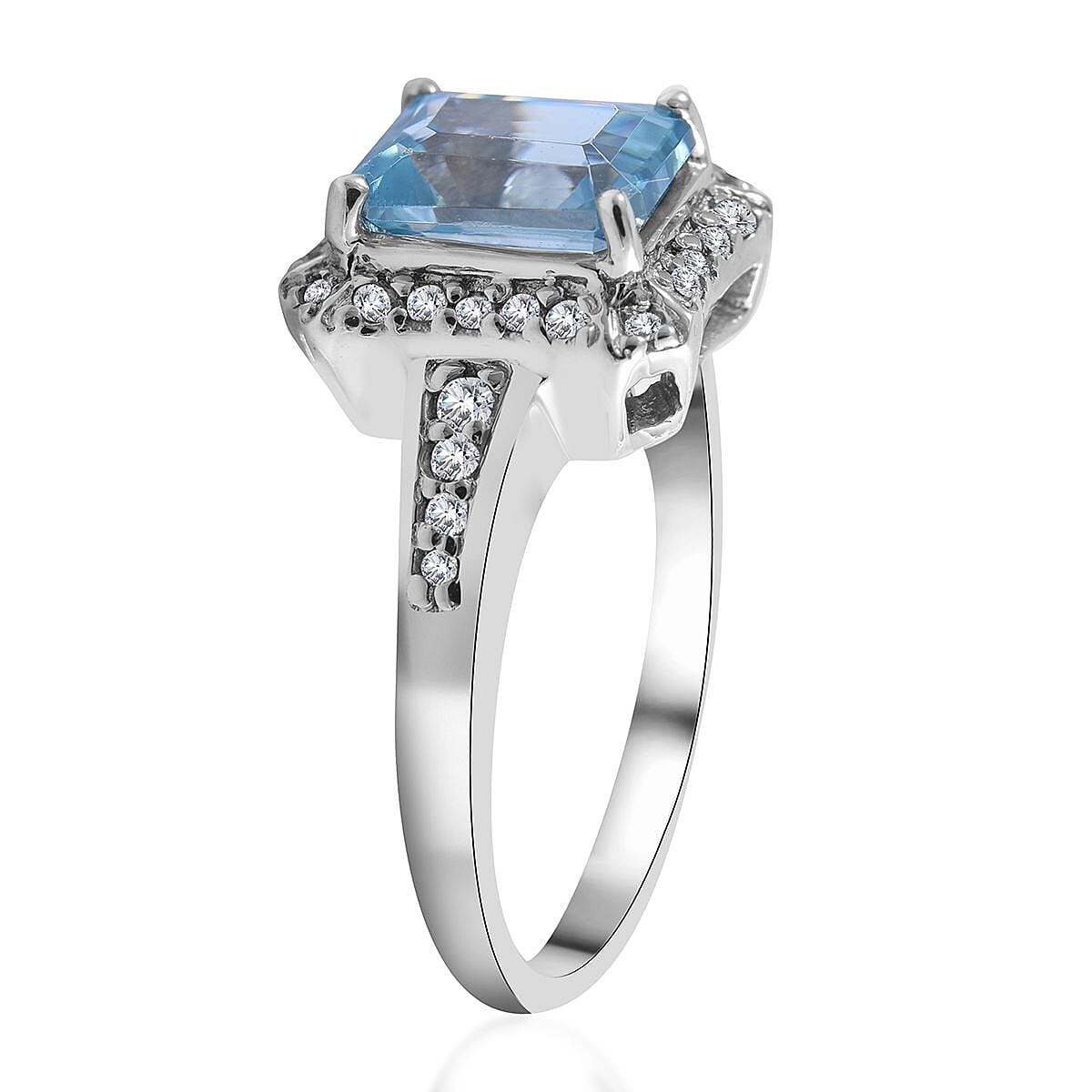 Premium Cambodian Blue Zircon and Natural White Zircon Halo Ring in Platinum Over Sterling Silver (Size 6.0) 2.40 ctw