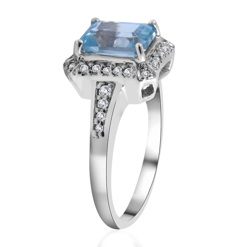 Premium Cambodian Blue Zircon and Natural White Zircon Halo Ring in Platinum Over Sterling Silver (Size 6.0) 2.40 ctw