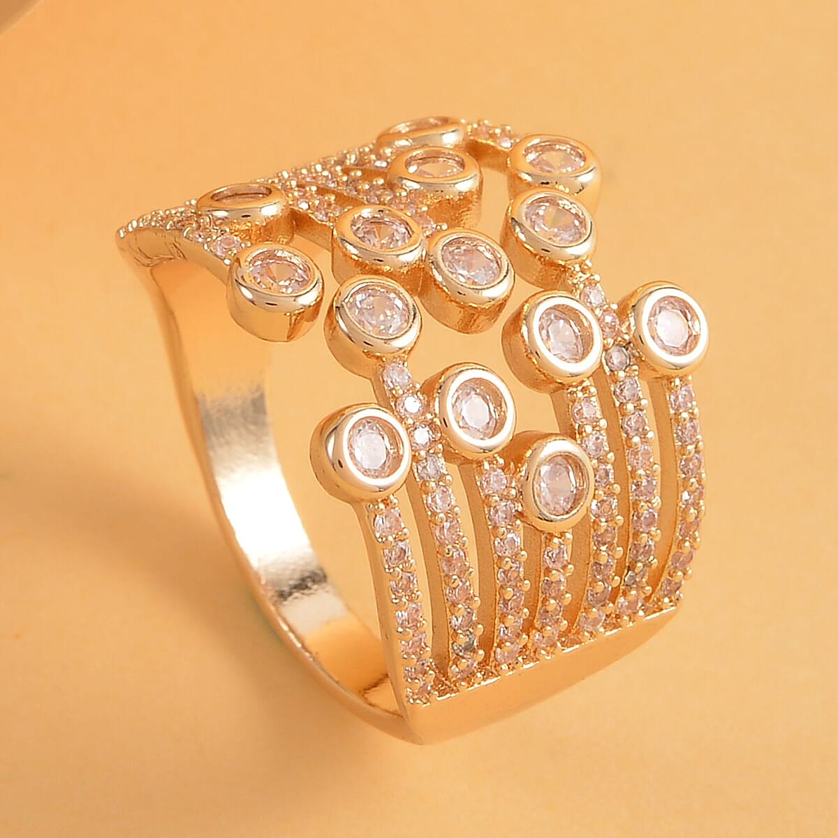 Simulated Diamond Multi-shank Bubble Ring in Goldtone (Size 7-9) 1.50 ctw image number 1