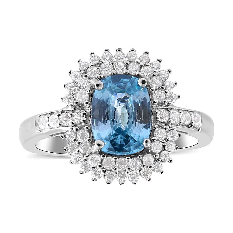 Premium Cambodian Blue Zircon and Natural White Zircon Ring in Platinum Over Sterling Silver (Size 10.0) 2.75 ctw