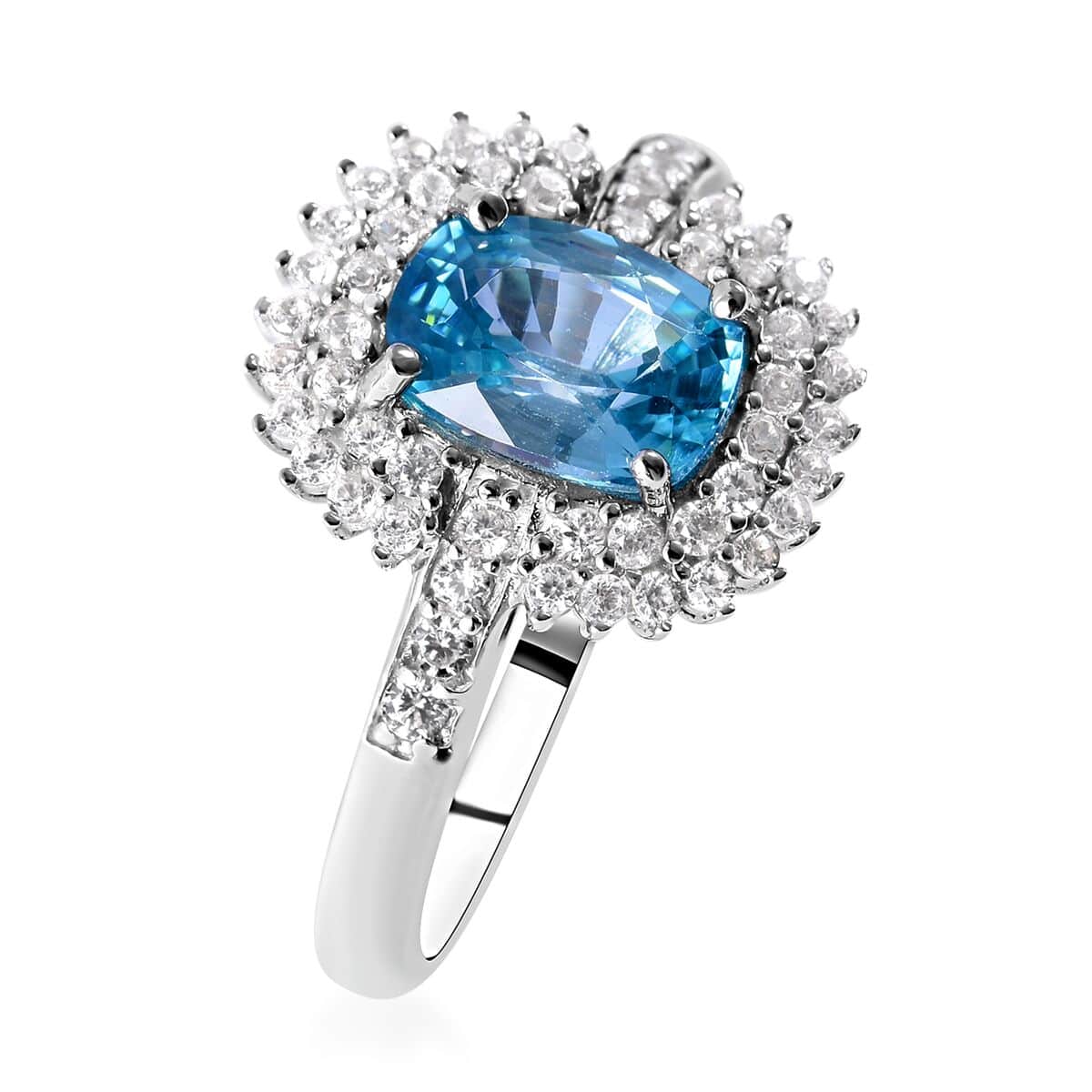 Premium Cambodian Blue Zircon and Natural White Zircon Ring in Platinum Over Sterling Silver 2.75 ctw image number 2