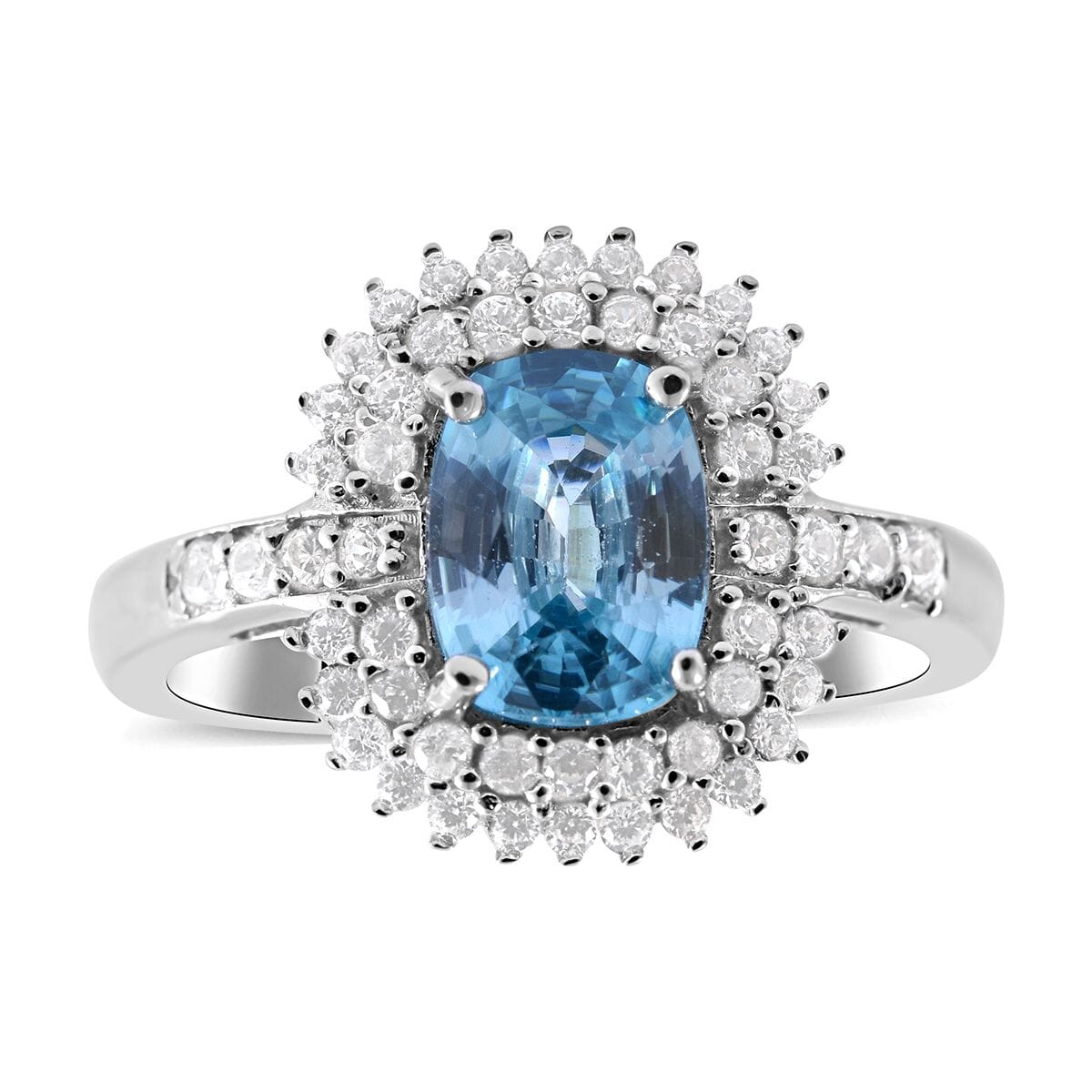 Premium Cambodian Blue Zircon and White Zircon Ring in Platinum Over Sterling Silver (Size 7.0) 2.75 ctw image number 0