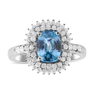 Premium Cambodian Blue Zircon and White Zircon Ring in Platinum Over Sterling Silver (Size 7.0) 2.75 ctw