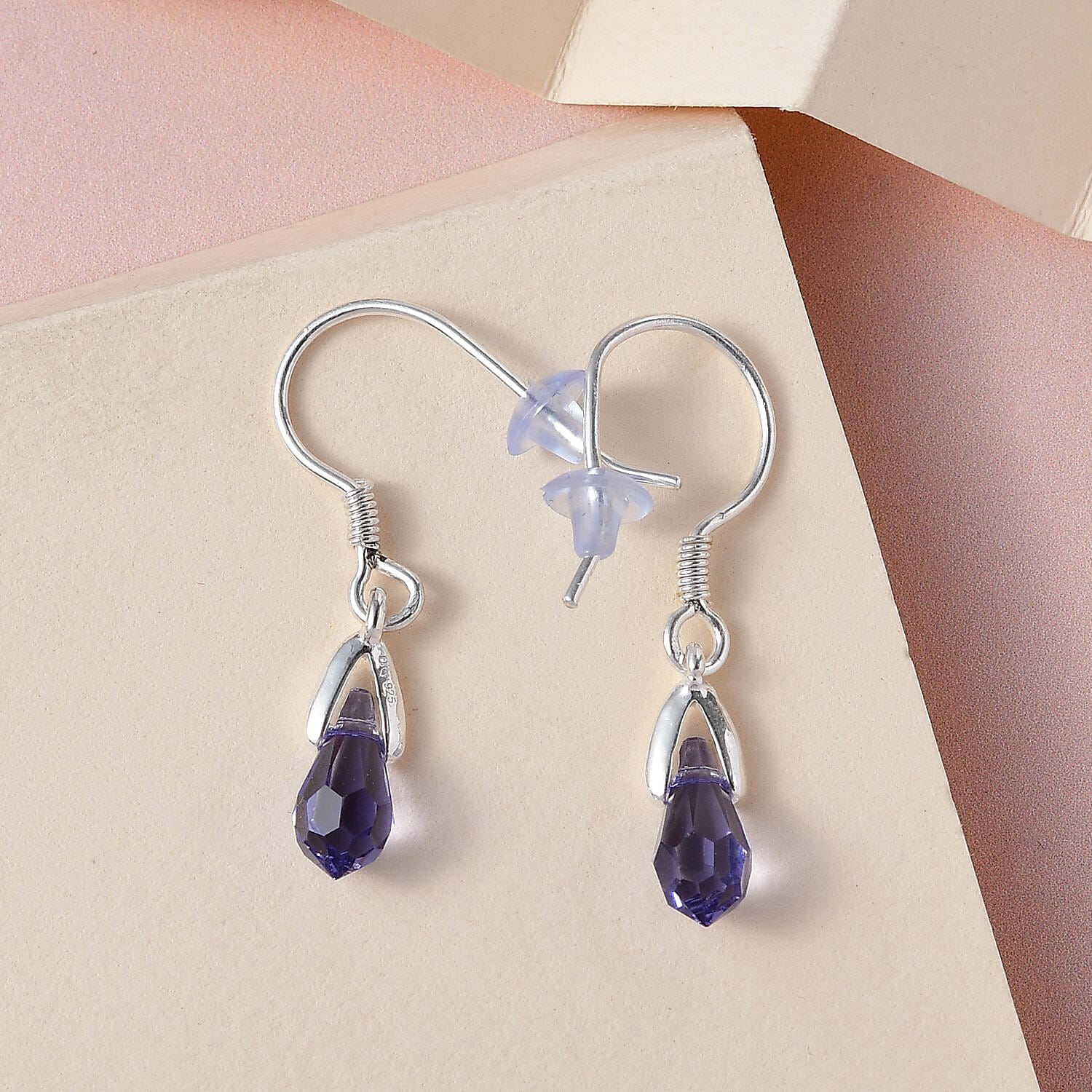Tanzanite Color Crystal Drop Earrings in Sterling Silver