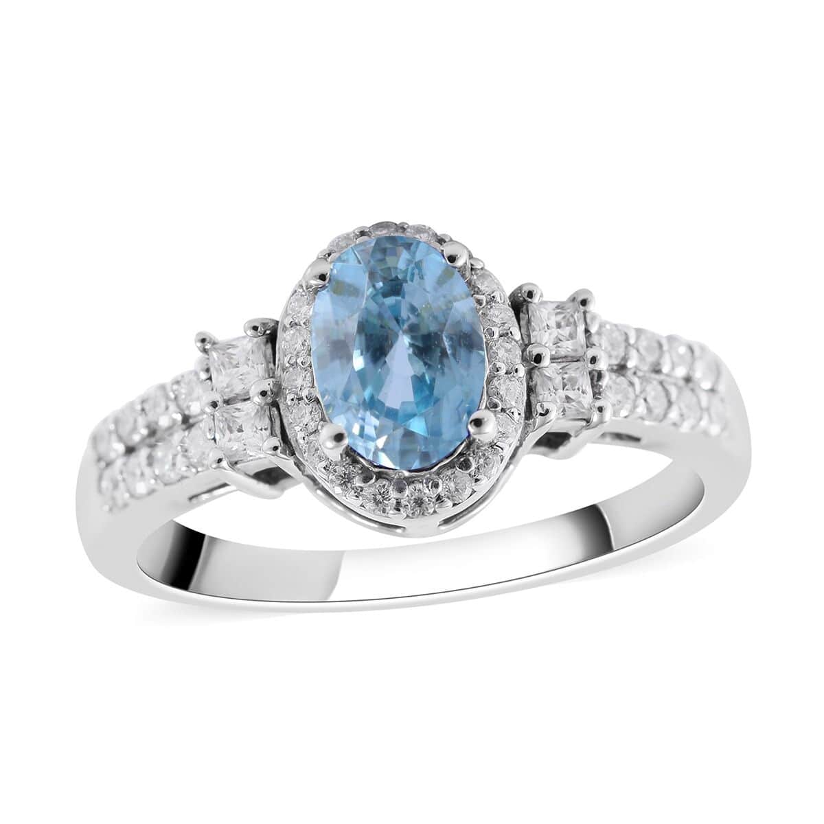 Cambodian Blue Zircon and Moissanite Halo Ring in Platinum Over Sterling Silver (Size 10.0) 3.65 ctw image number 0