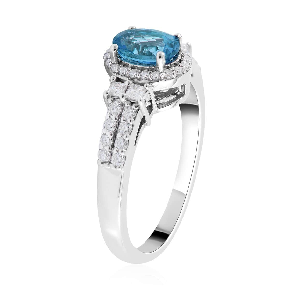 Cambodian Blue Zircon and Moissanite Halo Ring in Platinum Over Sterling Silver 3.65 ctw image number 2