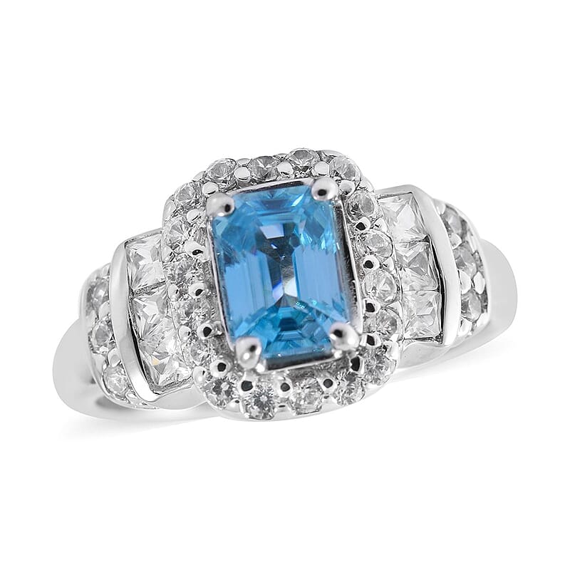 Cambodian Blue Zircon and Natural White Zircon Ring in Platinum Over Sterling Silver (Size 10.0) 2.35 ctw