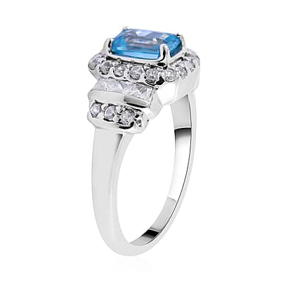 Cambodian Blue Zircon and Natural White Zircon Ring in Platinum Over Sterling Silver (Size 10.0) 2.35 ctw