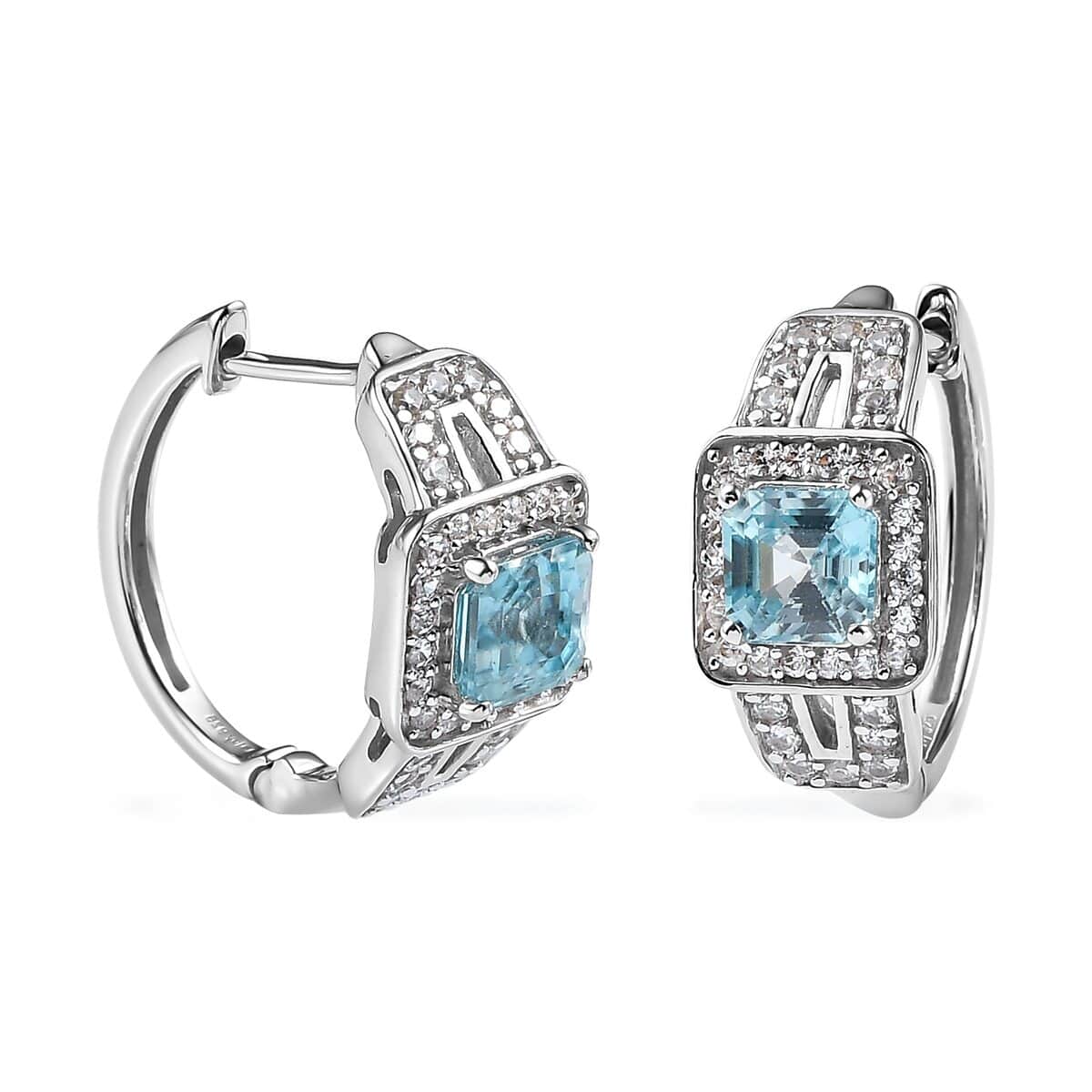 Asscher Cut Premium Cambodian Blue Zircon and Natural White Zircon Earrings in Platinum Over Sterling Silver 4.25 ctw image number 0