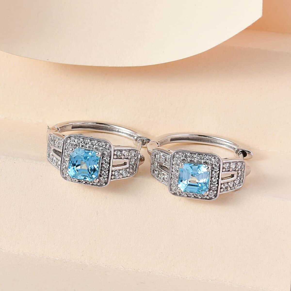 Asscher Cut Premium Cambodian Blue Zircon and Natural White Zircon Earrings in Platinum Over Sterling Silver 4.25 ctw image number 1