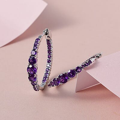 Premium African Amethyst 3.50 ctw Hoop Earrings in Rhodium Over Sterling Silver