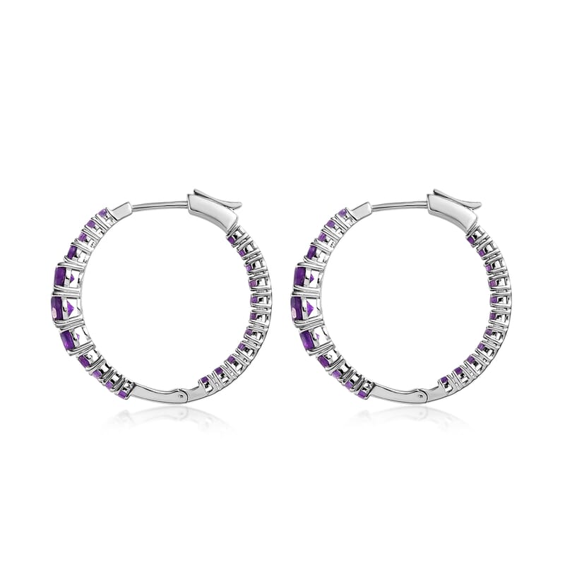 Premium African Amethyst 3.50 ctw Hoop Earrings in Rhodium Over Sterling Silver