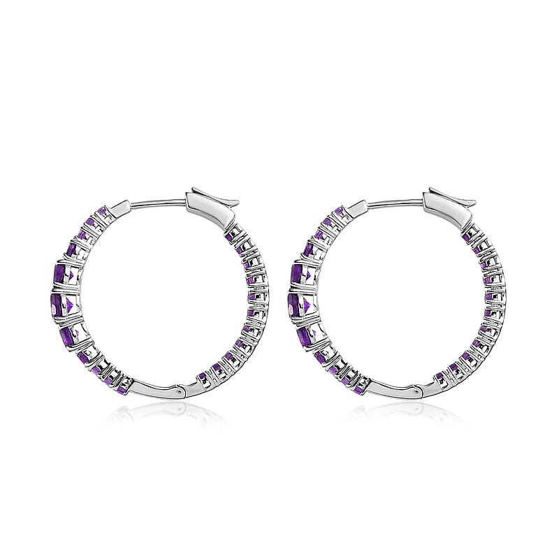 Premium African Amethyst 3.50 ctw Hoop Earrings in Rhodium Over Sterling Silver