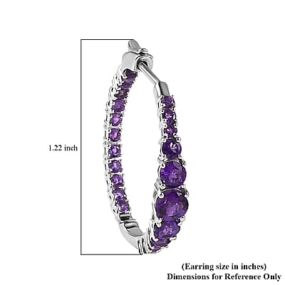 Premium African Amethyst 3.50 ctw Hoop Earrings in Rhodium Over Sterling Silver
