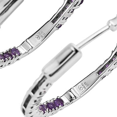 Premium African Amethyst 3.50 ctw Hoop Earrings in Rhodium Over Sterling Silver