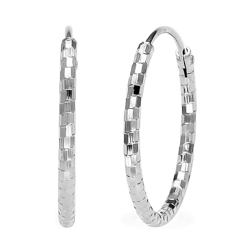 Rhodium Over Sterling Silver 20mm Square-Cut Textured Hoop Earrings (1 g)