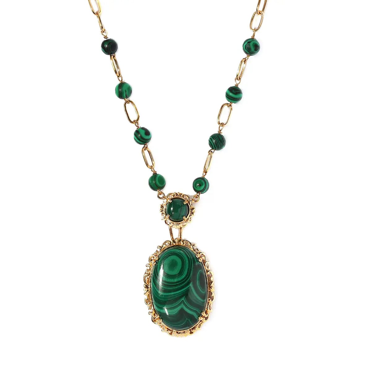 TLV KARIS African Malachite Paper Clip Chain Station Necklace (18 Inches) in 18K YG Plated 57.50 ctw image number 0