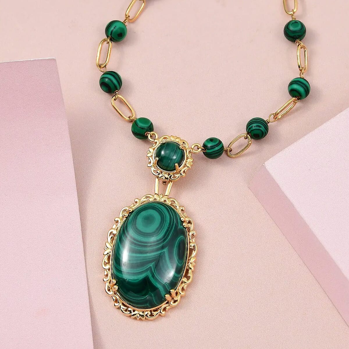 TLV KARIS African Malachite Paper Clip Chain Station Necklace (18 Inches) in 18K YG Plated 57.50 ctw image number 1
