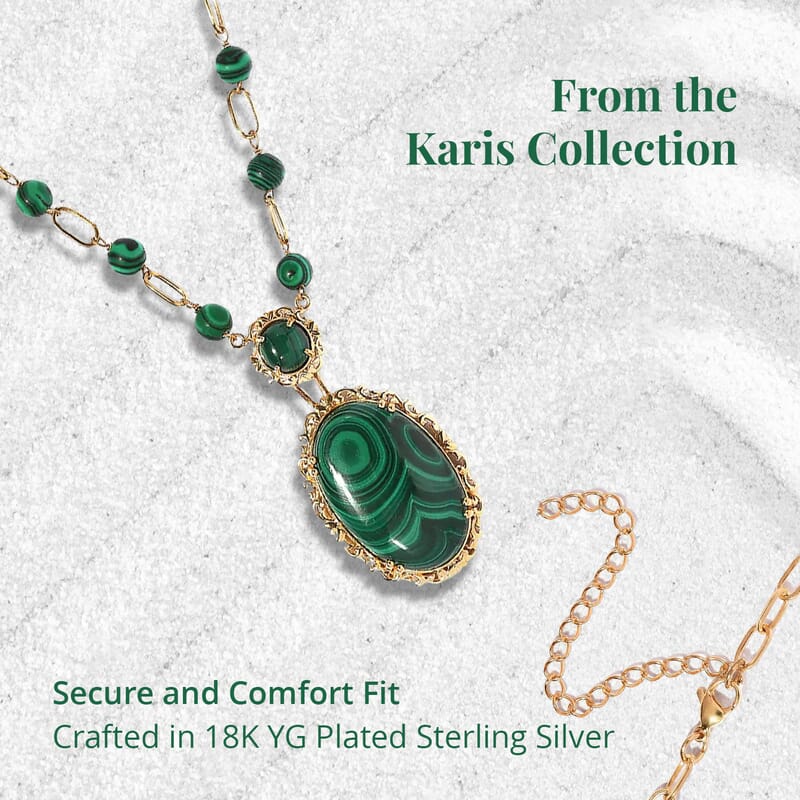 Karis African Malachite Paper Clip Chain Station Necklace 18 Inches in 18K Yellow Gold Plated 55.00 ctw