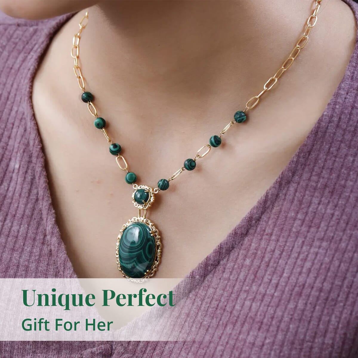 TLV KARIS African Malachite Paper Clip Chain Station Necklace (18 Inches) in 18K YG Plated 57.50 ctw image number 4