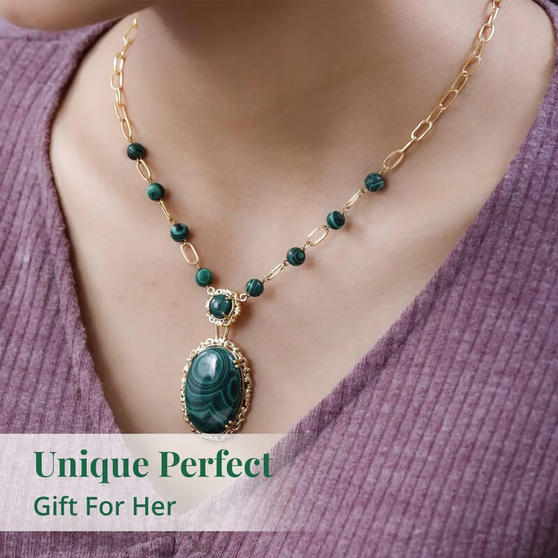 Karis African Malachite Paper Clip Chain Station Necklace 18 Inches in 18K Yellow Gold Plated 55.00 ctw