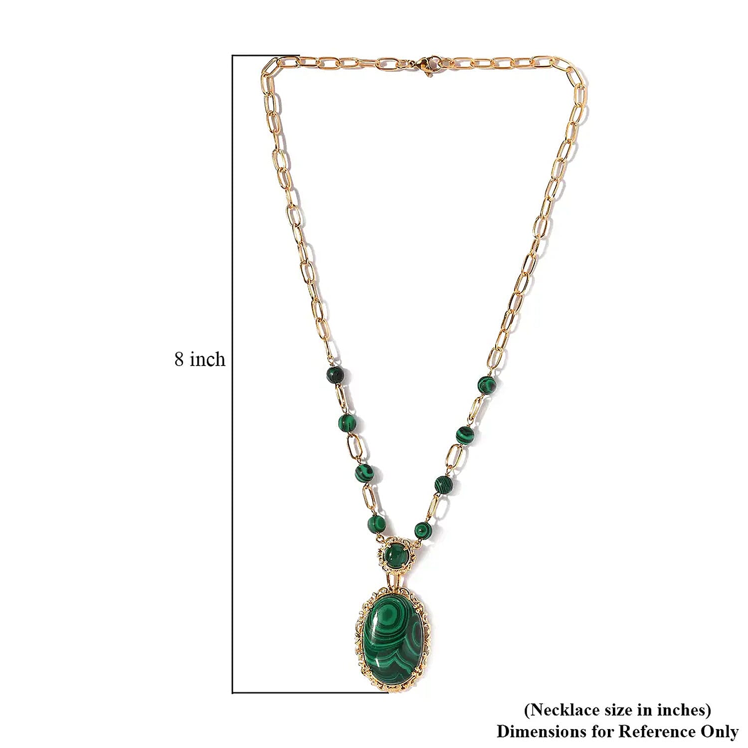 Karis African Malachite Paper Clip Chain Station Necklace 18 Inches in 18K Yellow Gold Plated 55.00 ctw