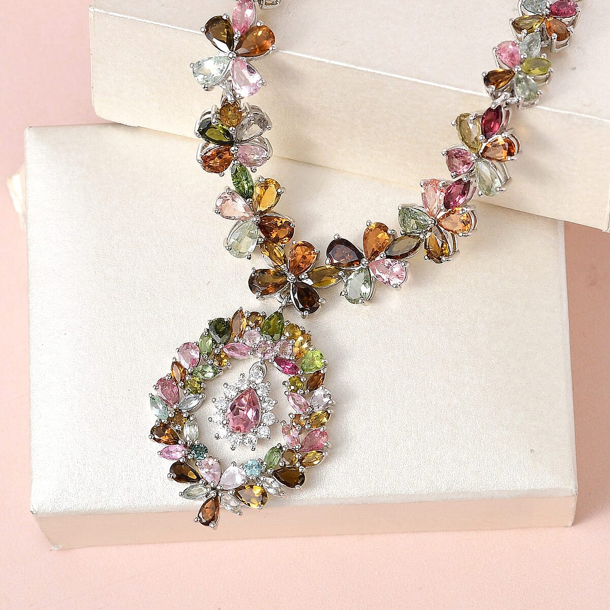 Multi-Tourmaline and Moissanite Floral Necklace 18-20 Inches in Platinum Over Sterling Silver 28.75 ctw image number 1