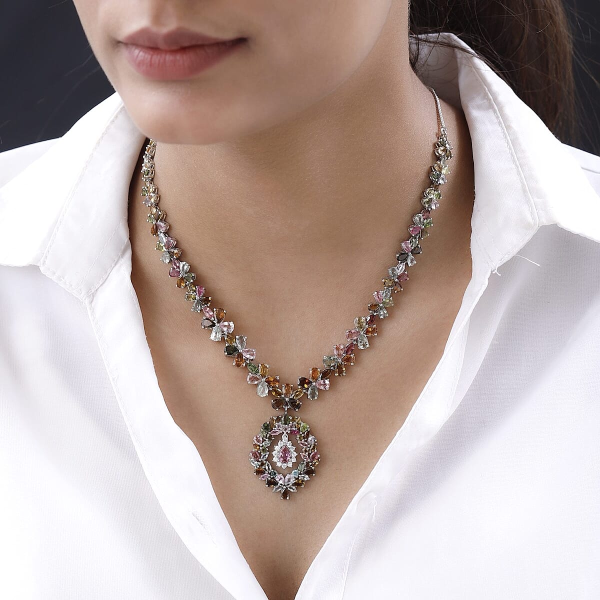 Multi-Tourmaline and Moissanite Floral Necklace 18-20 Inches in Platinum Over Sterling Silver 28.75 ctw image number 2