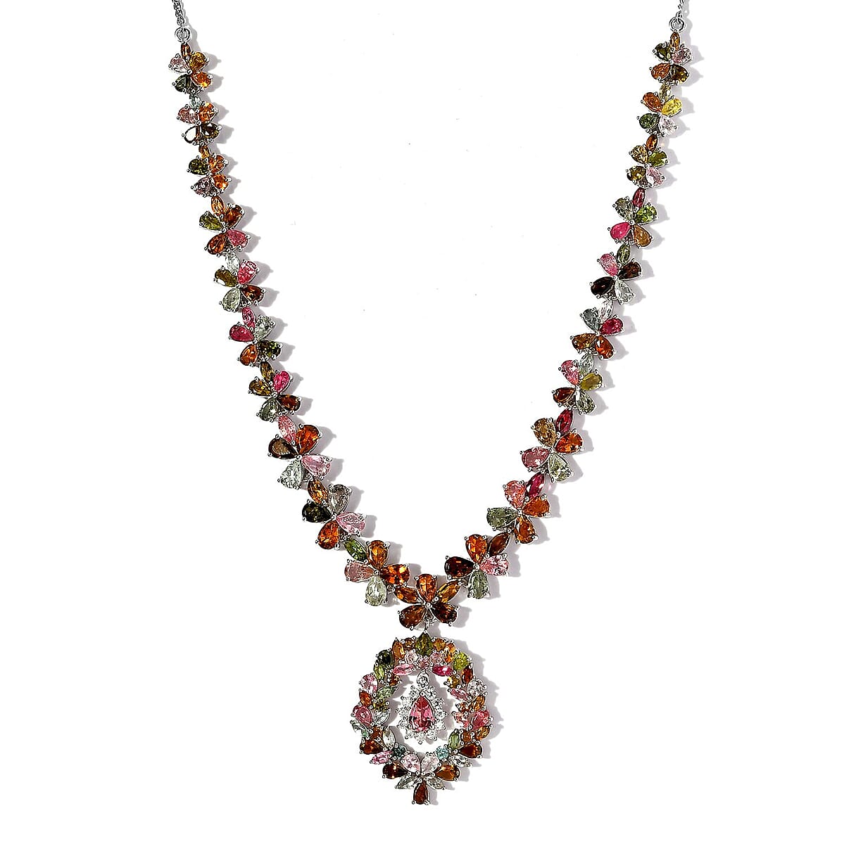 Multi-Tourmaline and Moissanite Floral Necklace 18-20 Inches in Platinum Over Sterling Silver 28.75 ctw image number 3