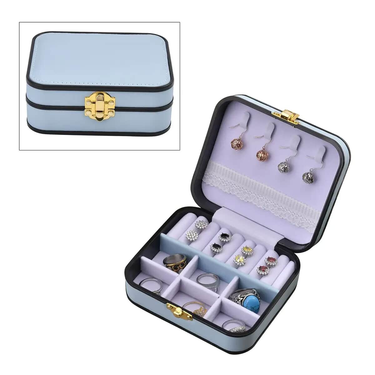 Light Blue Faux Leather Travel Jewelry Box with Lock (5.3"x4.5"x2") image number 0