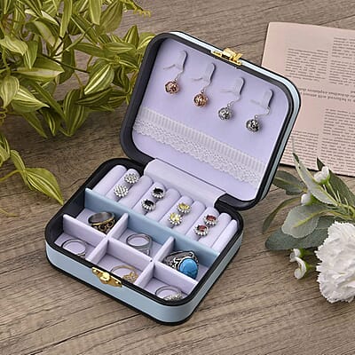 Light Blue Faux Leather Travel Jewelry Box with Lock