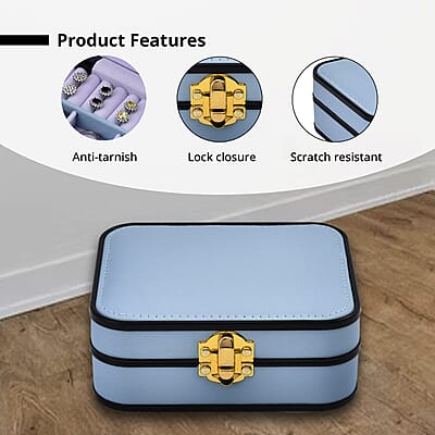Light Blue Faux Leather Travel Jewelry Box with Lock
